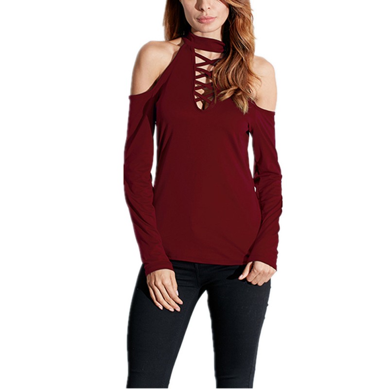 Sexy Women Off Shoulder Hollow Long Sleeve Tops