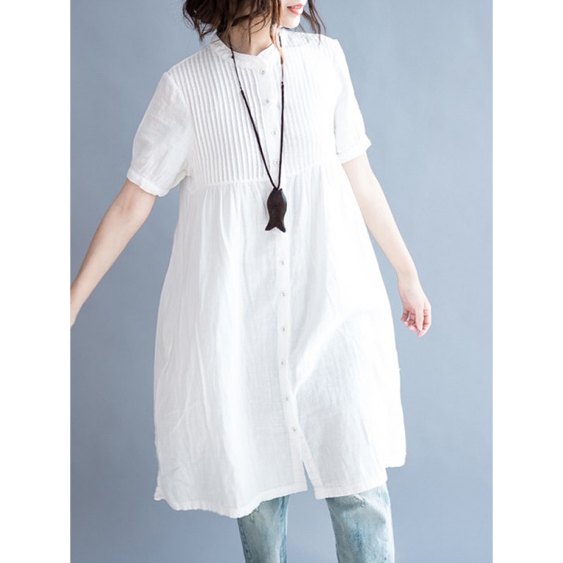 S-5XL Women Casual Stand Collar Pleated Long Shirt...