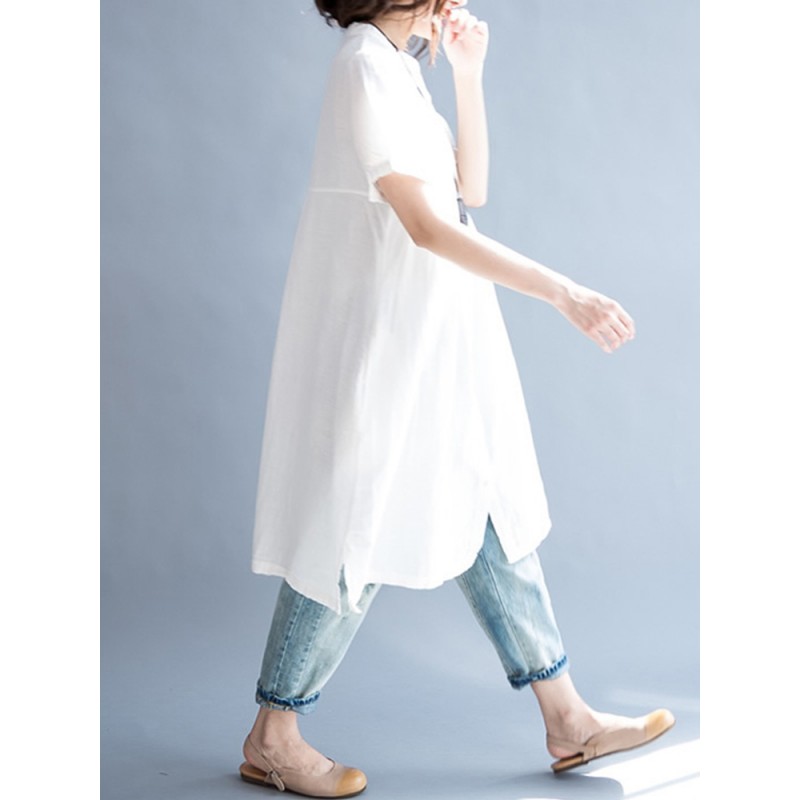 S-5XL Women Casual Stand Collar Pleated Long Shirts