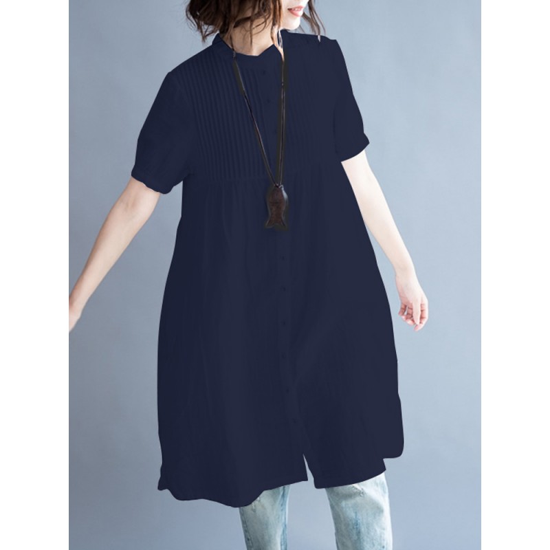 S-5XL Women Casual Stand Collar Pleated Long Shirts