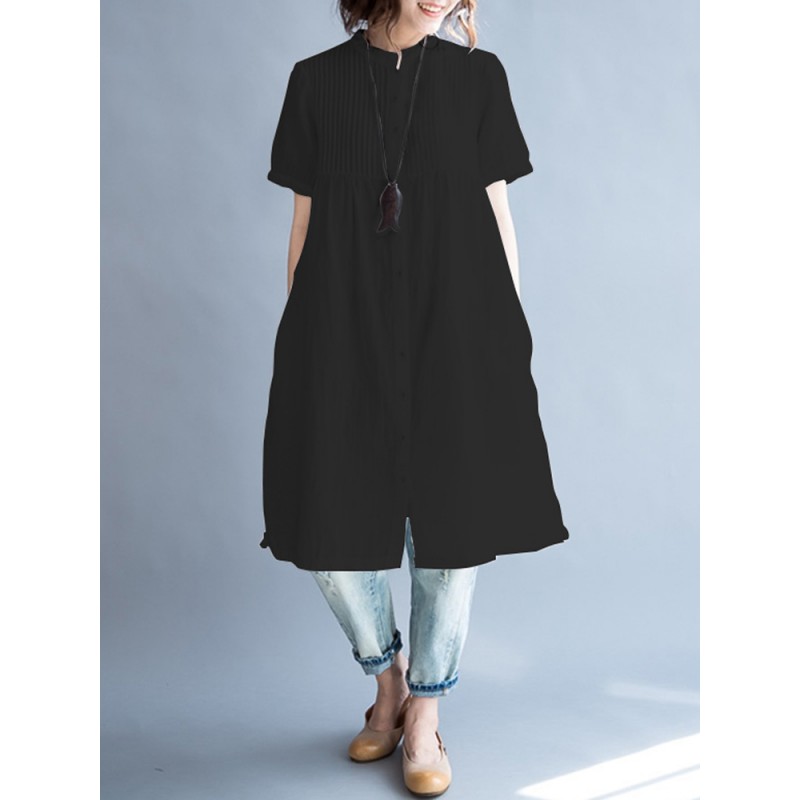 S-5XL Women Casual Stand Collar Pleated Long Shirts