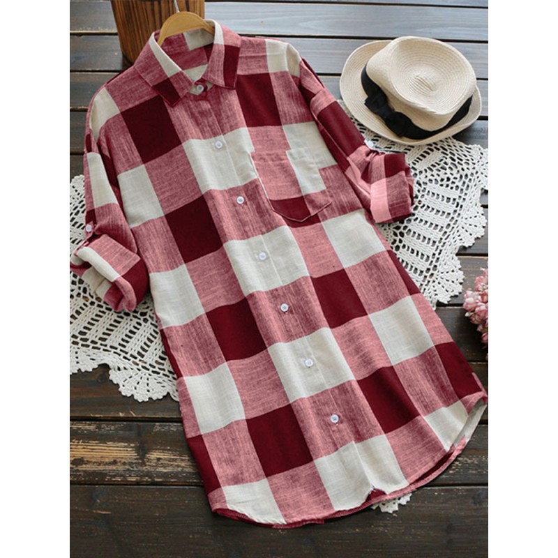 S-5XL Women Long Sleeve Button Down Plaid Tunic Blouse