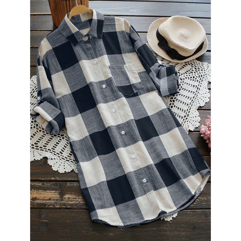 S-5XL Women Long Sleeve Button Down Plaid Tunic Blouse