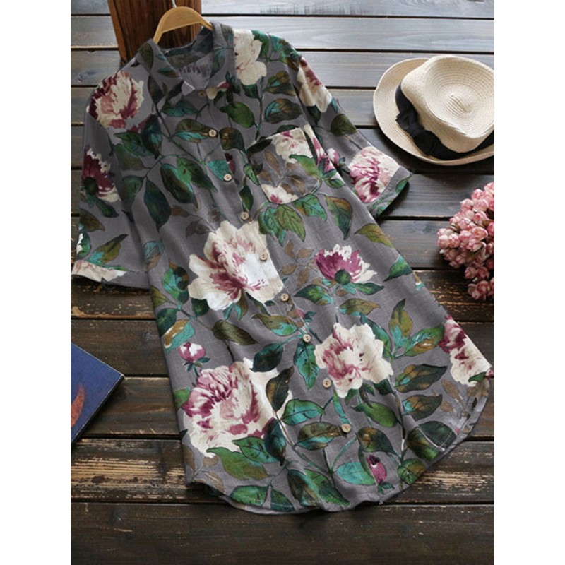 S-5XL Women Vintage Floral Print Buttons Down Blouse