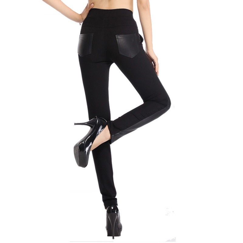 Pocket Casual Solid Color PU Patchwork Stretch Mid Waist Women Leggings