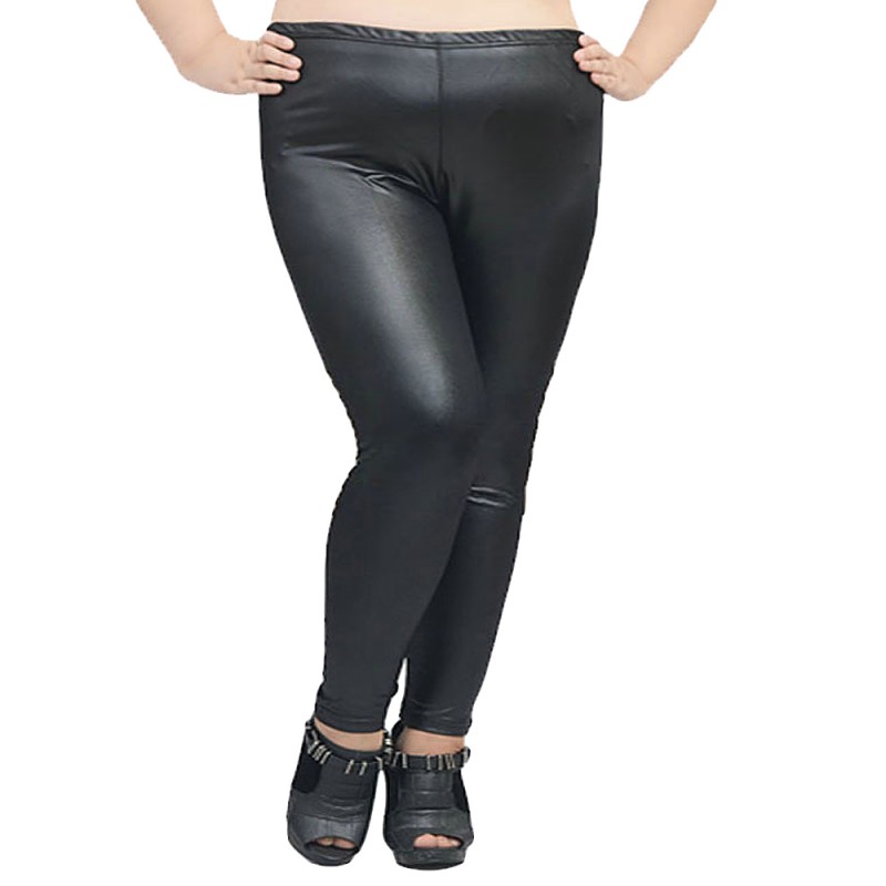 Plus Size 3XL Slim Black PU Stretch Mid Waist Women Leggings