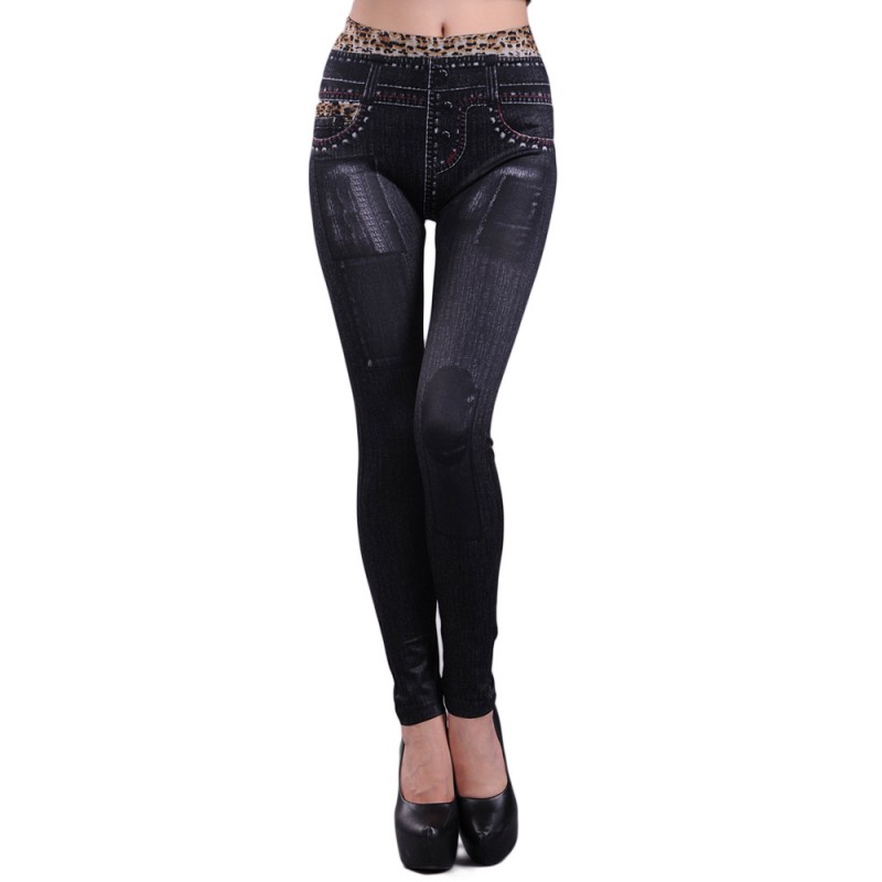 Women Waistband Leopard Pattern Printing Skinny Je...