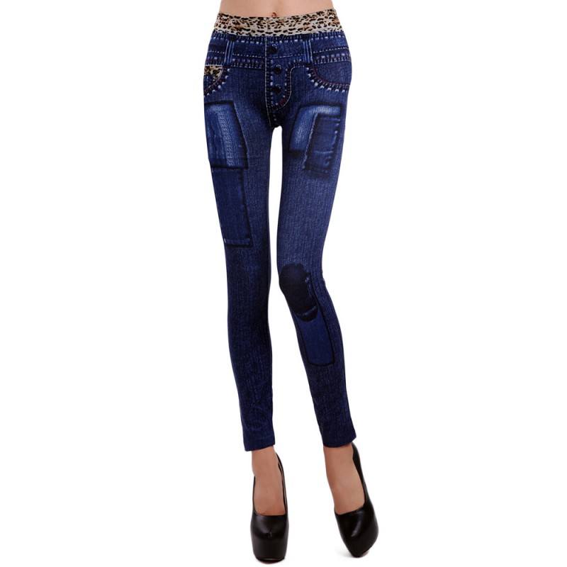 Women Waistband Leopard Pattern Printing Skinny Jean Leggings