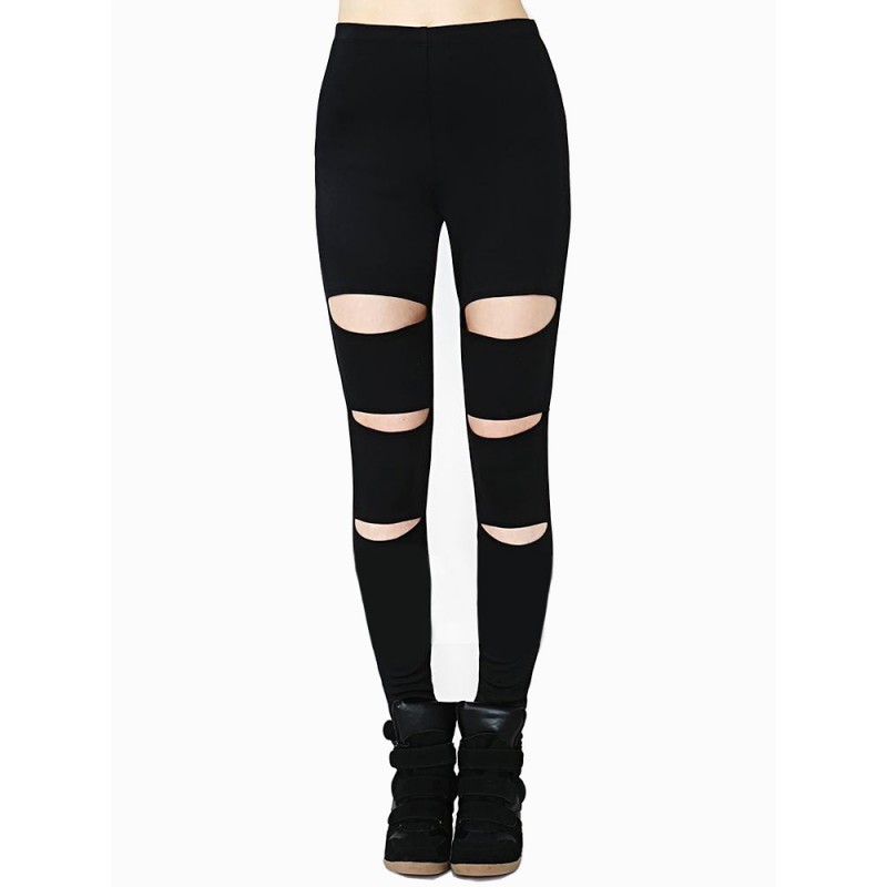 Slim Women Black Skinny Elastic Ripped Hollow Out Leggings