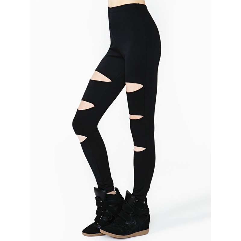 Slim Women Black Skinny Elastic Ripped Hollow Out Leggings