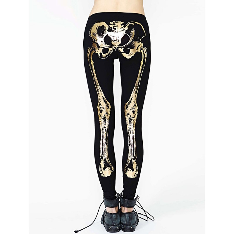 Slim Women Gold Skeleton Printing Black Elastic Leggings