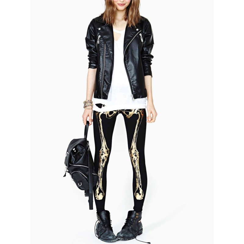 Slim Women Gold Skeleton Printing Black Elastic Leggings