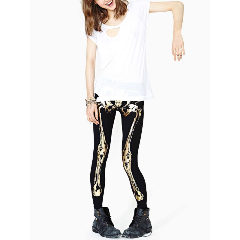 Slim Women Gold Skeleton Printing Black Elastic Leggings