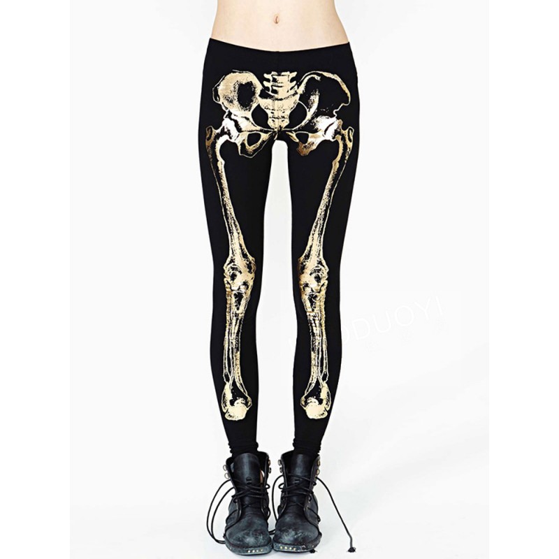 Slim Women Gold Skeleton Printing Black Elastic Leggings