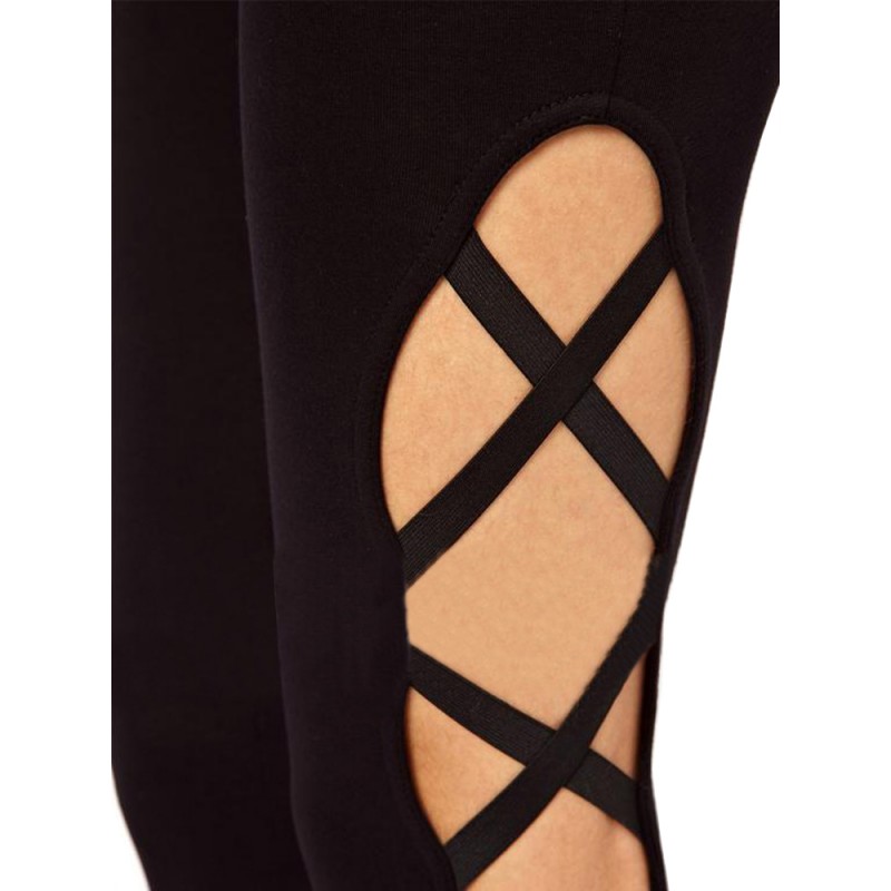 Sexy Women Bandage Crossing Lateral Hollow Elastic Leggings