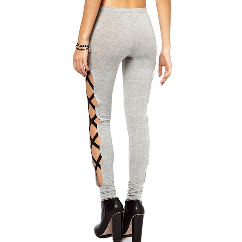 Sexy Women Bandage Crossing Lateral Hollow Elastic Leggings