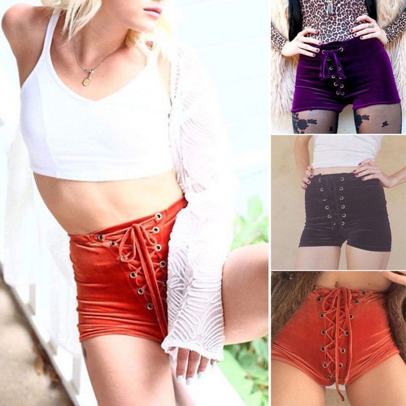 Fashion Sexy Womens High Waist Lace Up Velvet Bodycon Hot Pants Winter Casual Shorts
