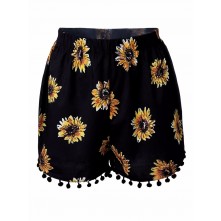 Women Elastic High Waist Sunflower Printed Shorts ...