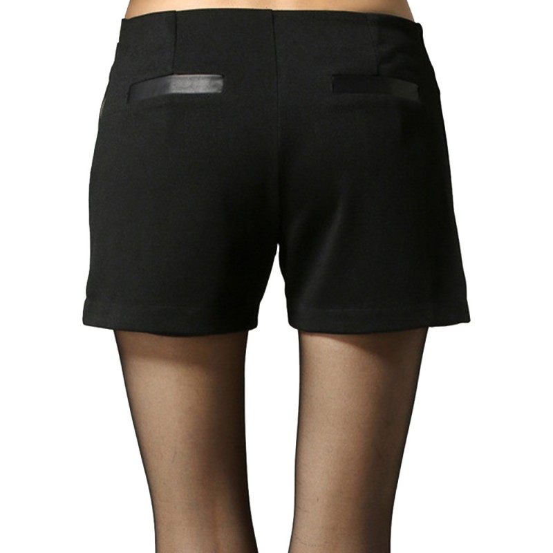 Casual Zipper PU Patchwork Black Stretch Mid Waist Women Short Pants