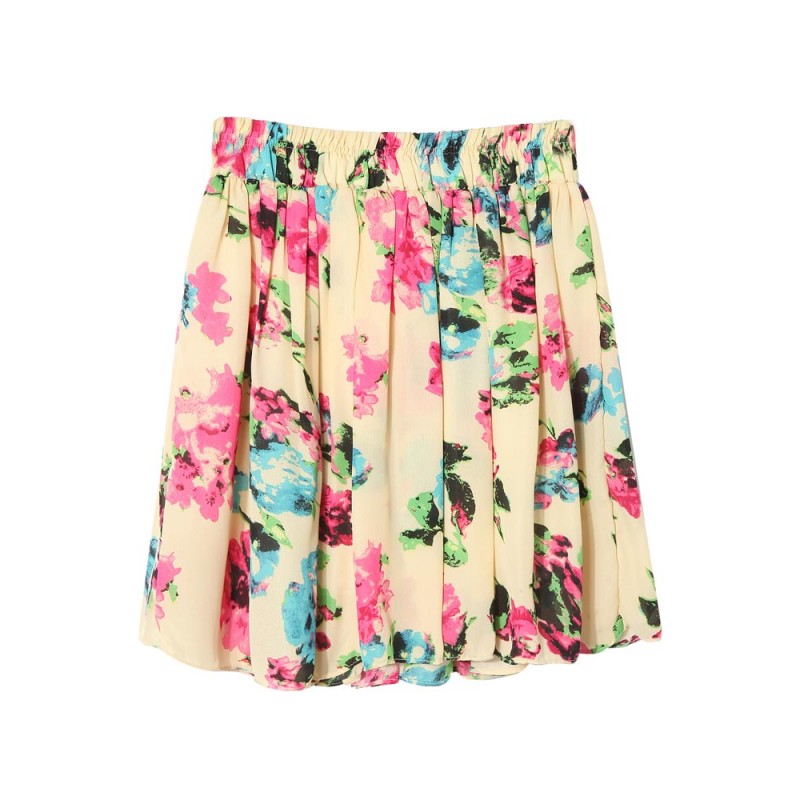 Chiffon Floral Print Bust Pleated Bottom White Col...