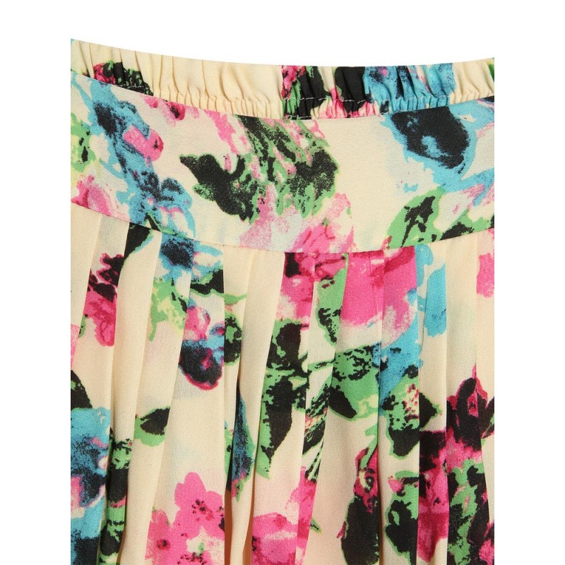 Chiffon Floral Print Bust Pleated Bottom White Color Short Skirt