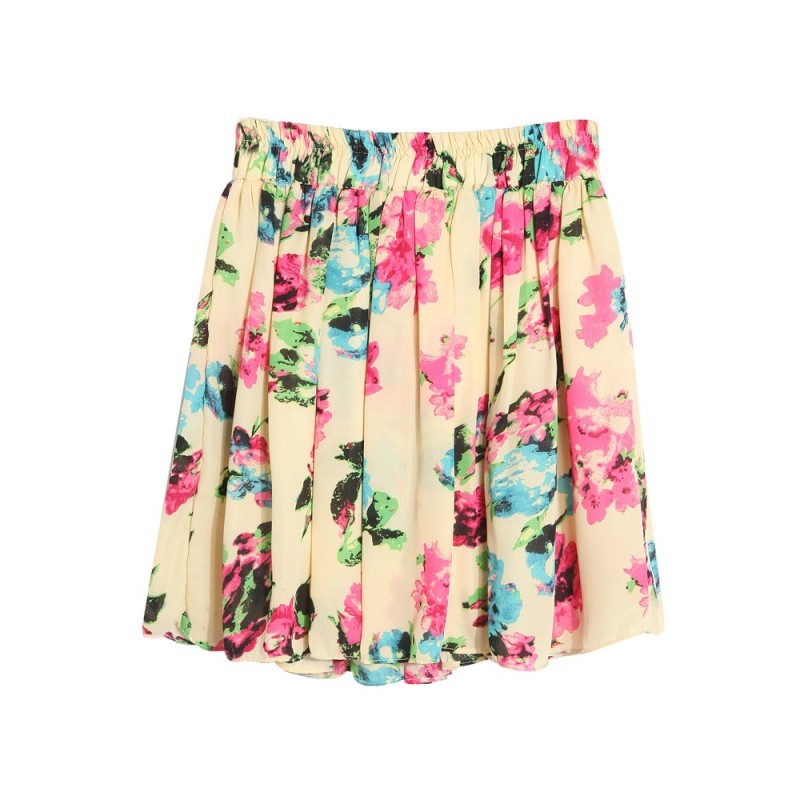 Chiffon Floral Print Bust Pleated Bottom White Color Short Skirt