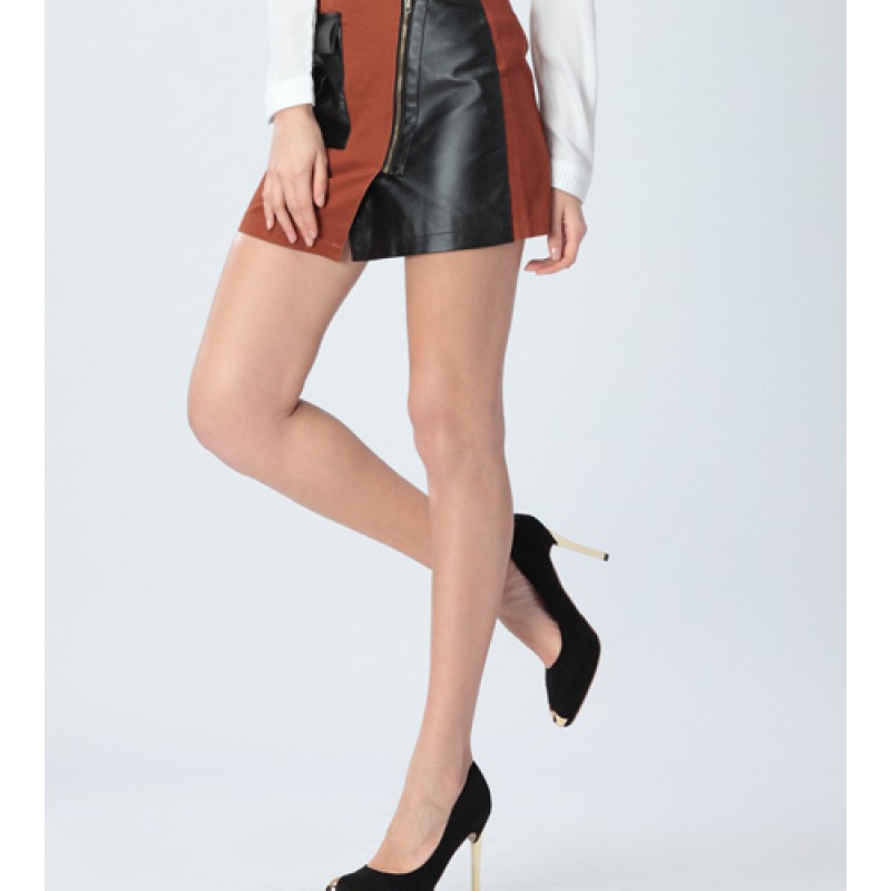 Women Fashion Zipper PU Leather Stitching Skirts