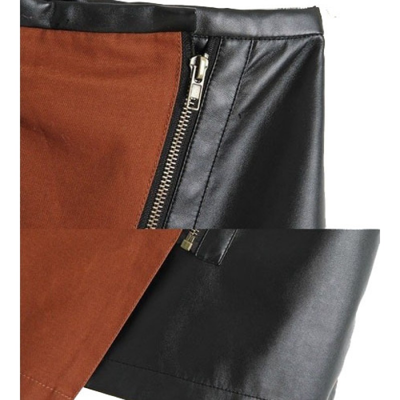 Women Fashion Zipper PU Leather Stitching Skirts