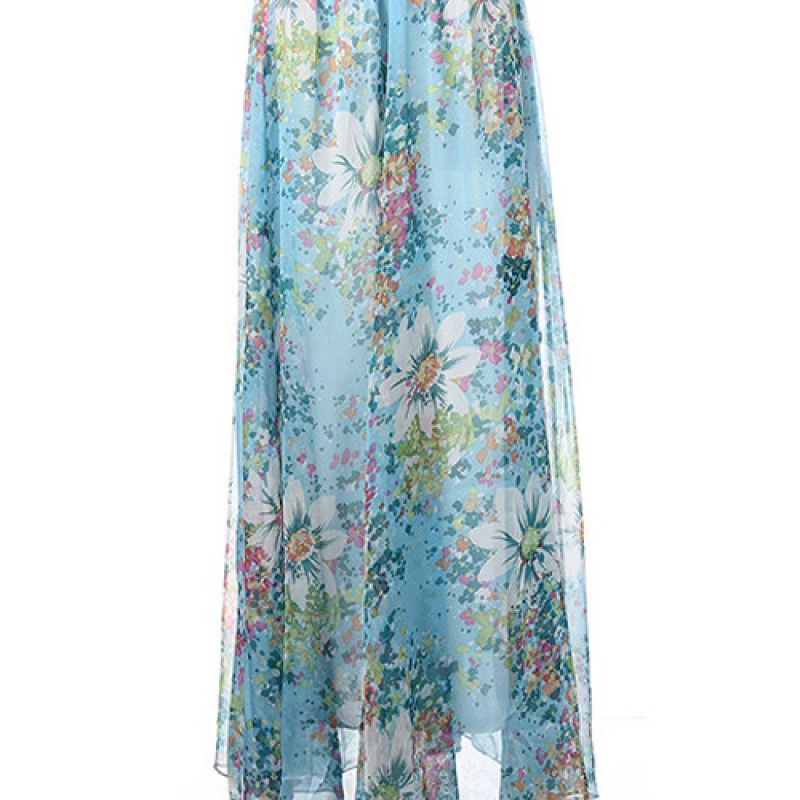 Floral Printed Long Chiffon Skirt Elastic Waist Beachwear