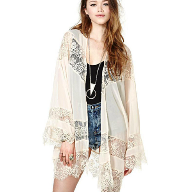 Fashion Loose Lace Splicing Long Sleeve Chiffon Cardigan Blouse