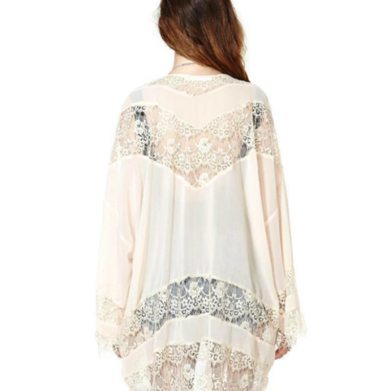 Fashion Loose Lace Splicing Long Sleeve Chiffon Cardigan Blouse