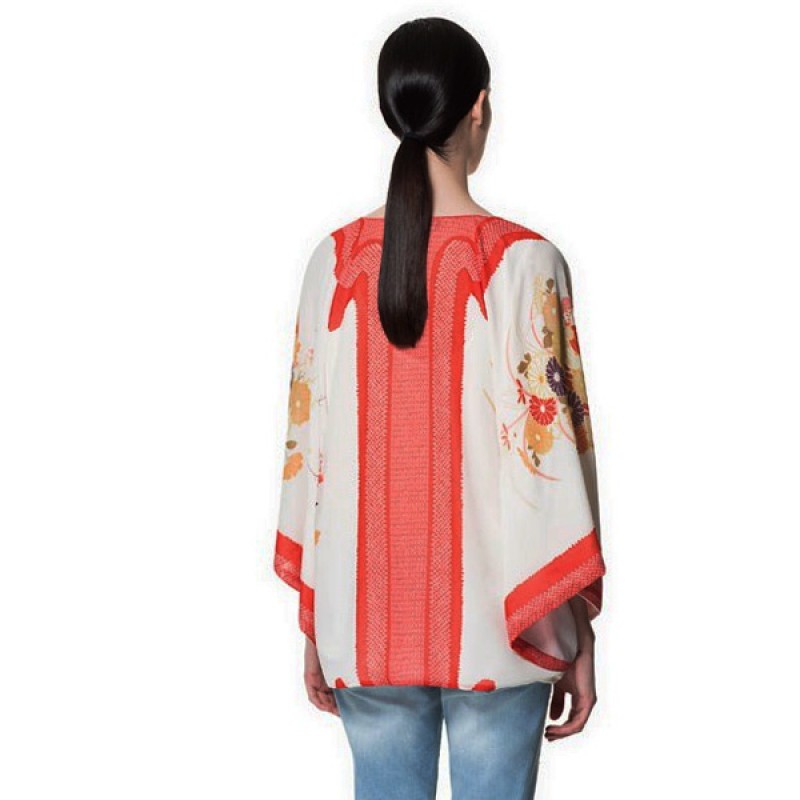 Vintage Loose Floral Print Batwing Sleeve Chiffon Kimono Cardigan