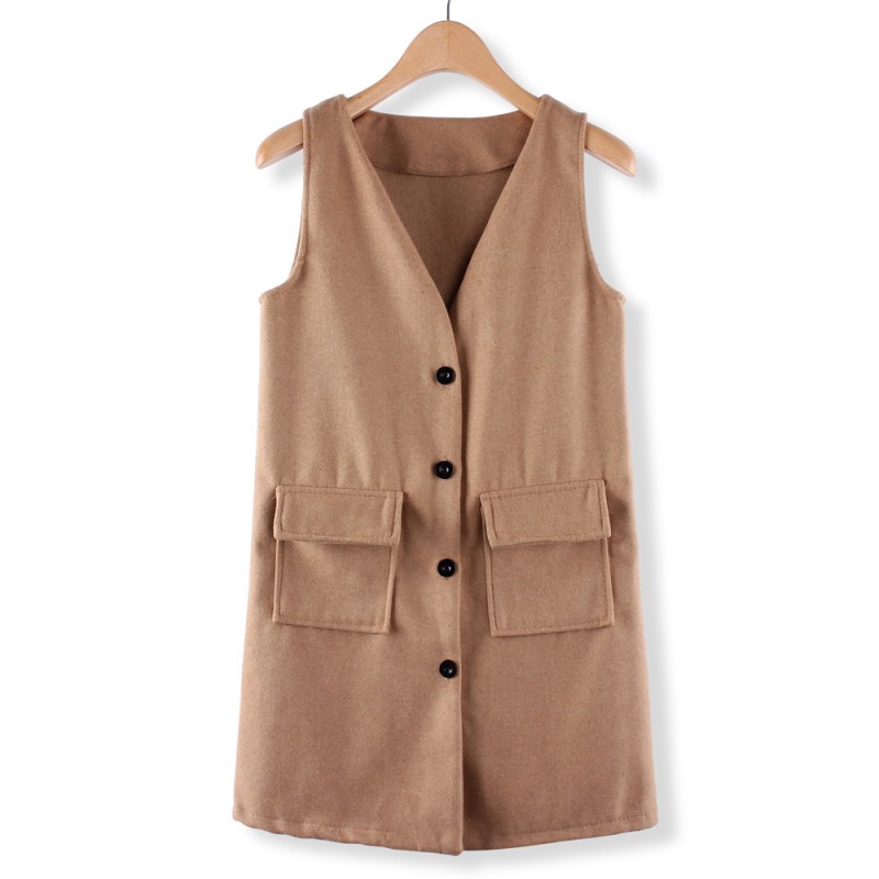 Women V Neck Single Breasted Pockets Medium Long Wool Vest Cardigan