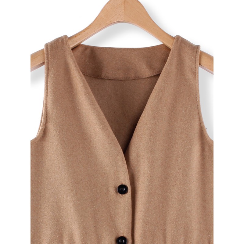 Women V Neck Single Breasted Pockets Medium Long Wool Vest Cardigan