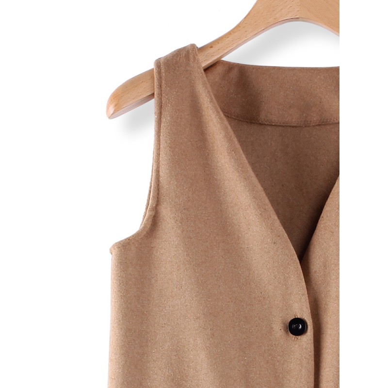 Women V Neck Single Breasted Pockets Medium Long Wool Vest Cardigan