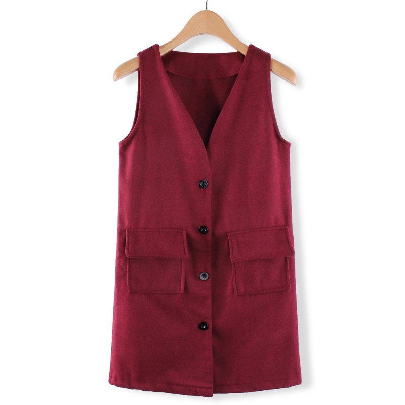 Women V Neck Single Breasted Pockets Medium Long Wool Vest Cardigan