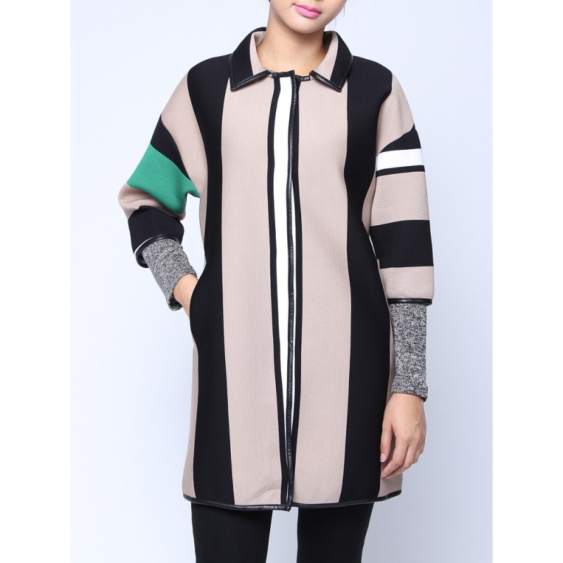 Women Casual Lapel Vertical Stripe Patchwork Cardi...