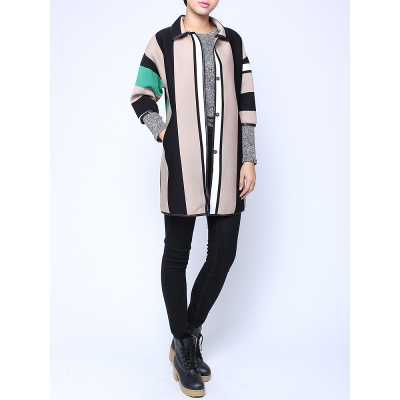 Women Casual Lapel Vertical Stripe Patchwork Cardigan Coat