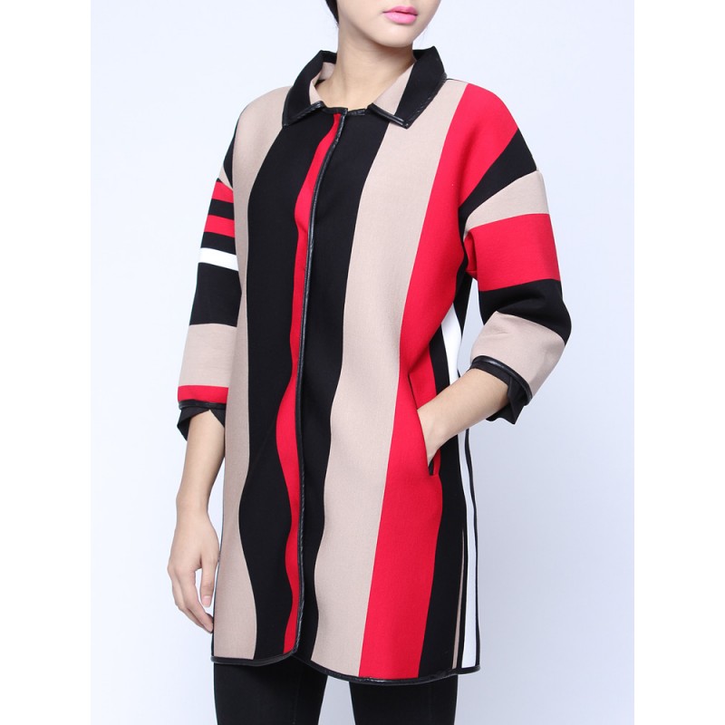 Women Casual Lapel Vertical Stripe Patchwork Cardigan Coat