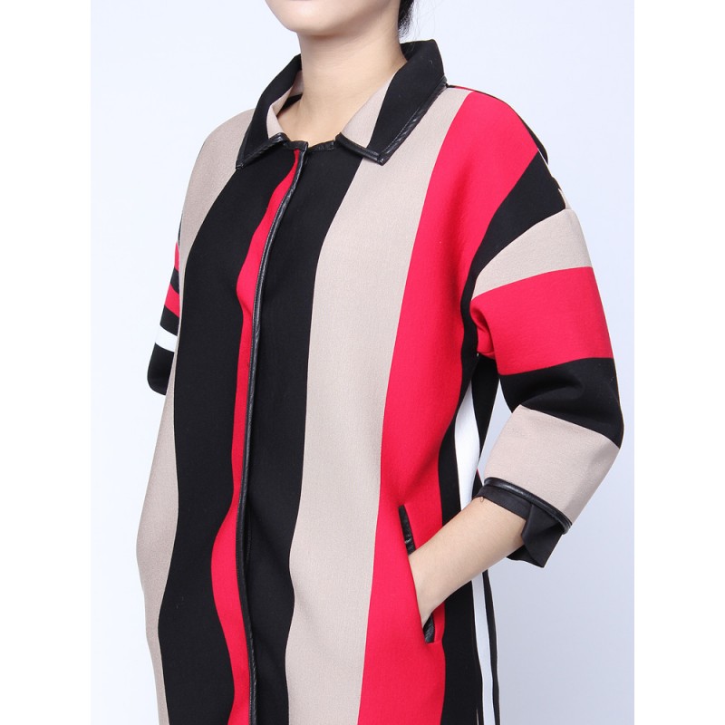 Women Casual Lapel Vertical Stripe Patchwork Cardigan Coat