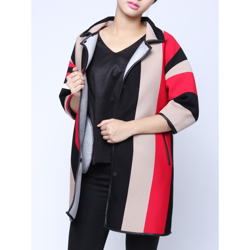 Women Casual Lapel Vertical Stripe Patchwork Cardigan Coat