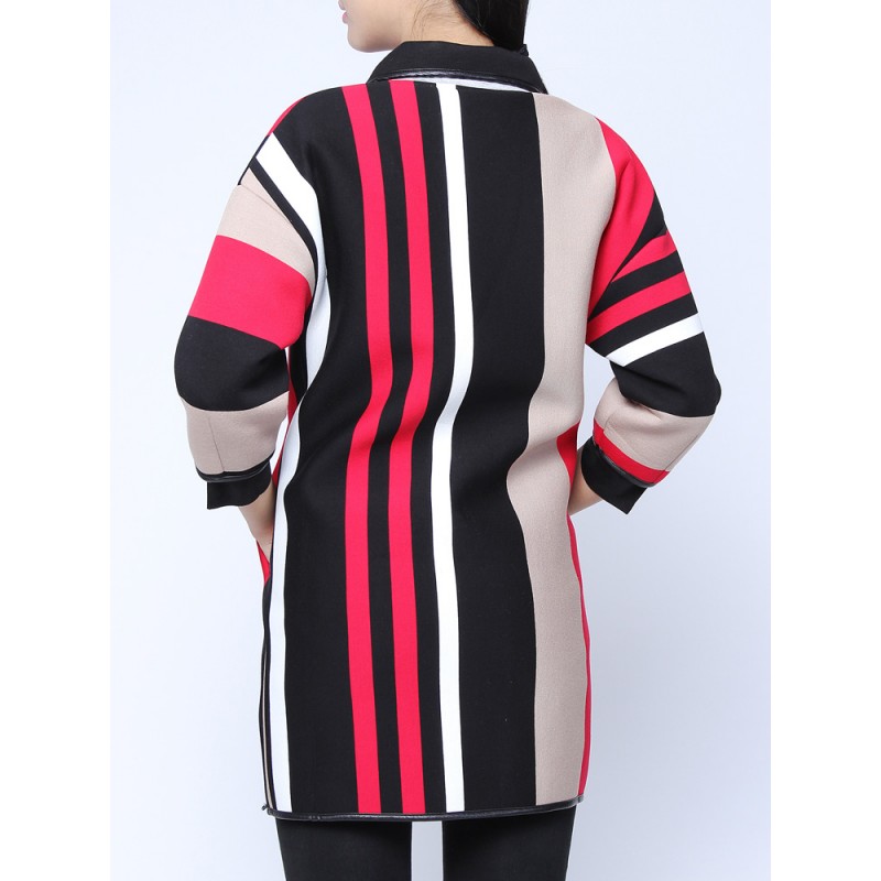 Women Casual Lapel Vertical Stripe Patchwork Cardigan Coat