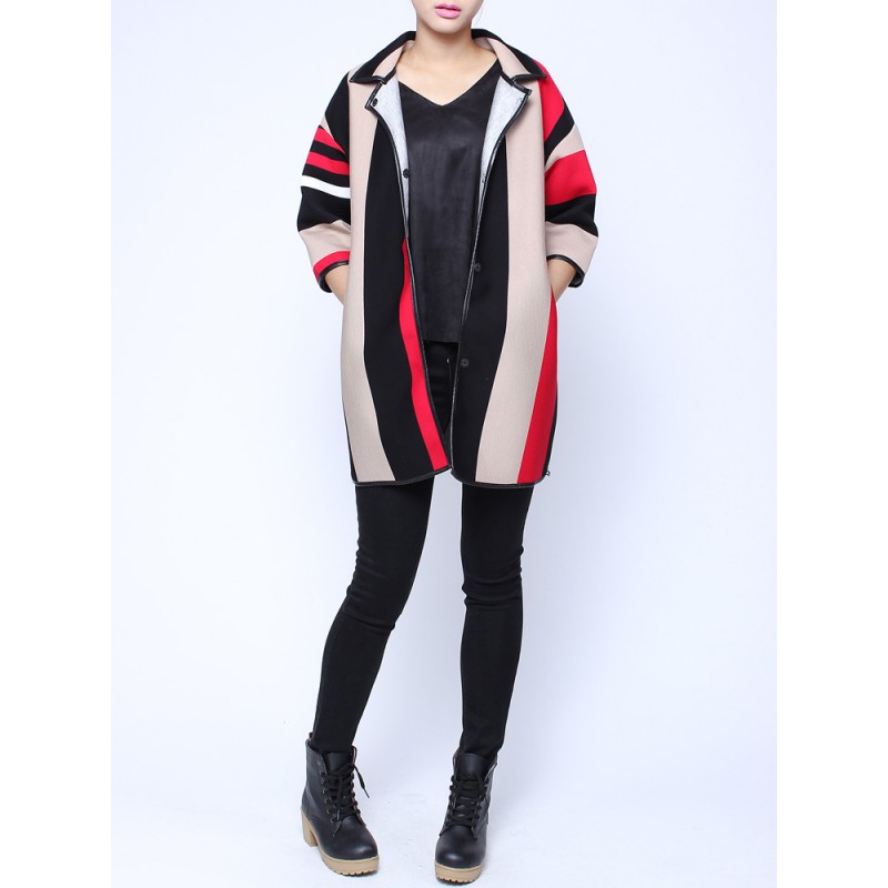 Women Casual Lapel Vertical Stripe Patchwork Cardigan Coat