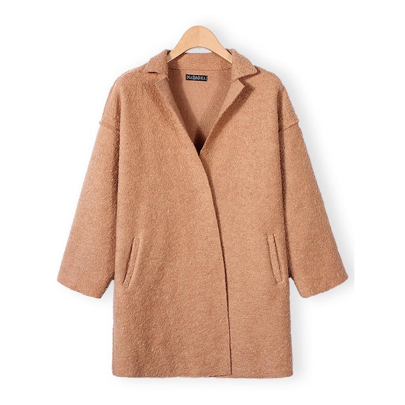 Women Elegant Lapel Pockets Woolen Coat Cardigan Outwear