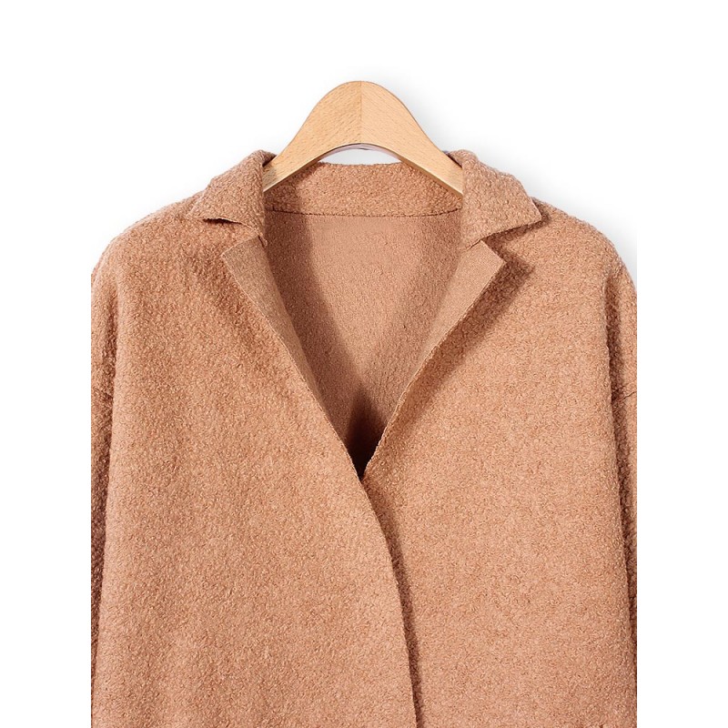 Women Elegant Lapel Pockets Woolen Coat Cardigan Outwear