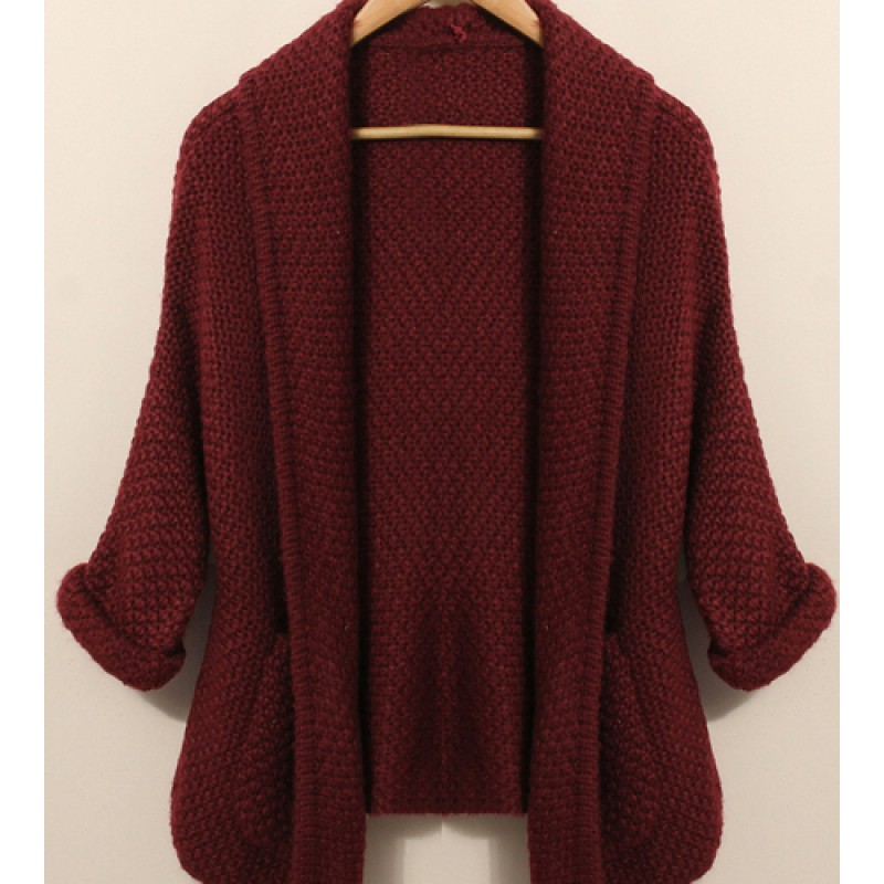 Women Loose Knitted Cardigan Batwing Sleeve Pockets Coat