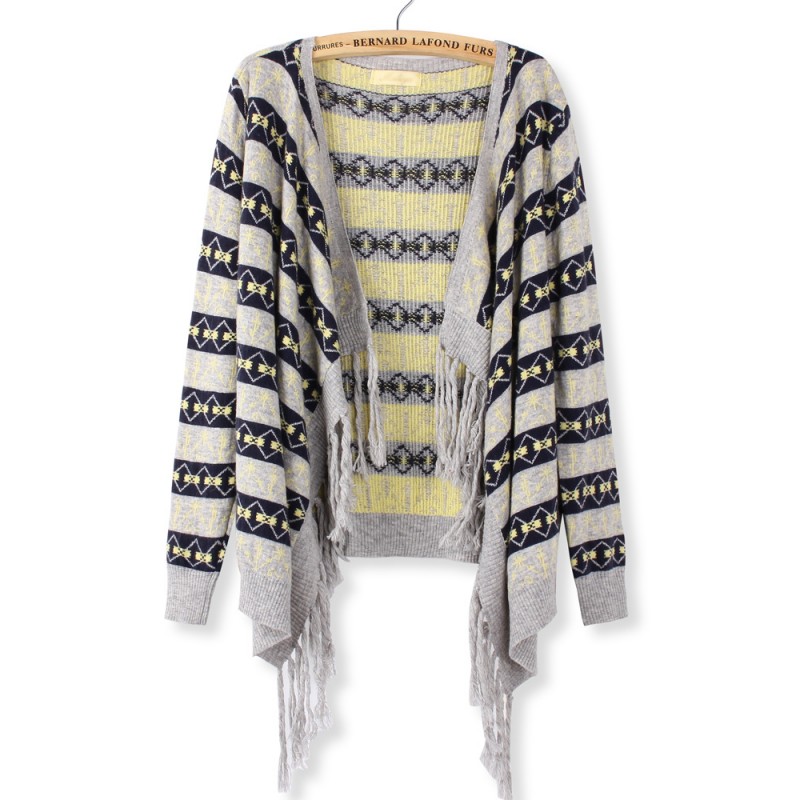 Women Casual Geometric Pattern Tassel Knitted Sweater Cardigan