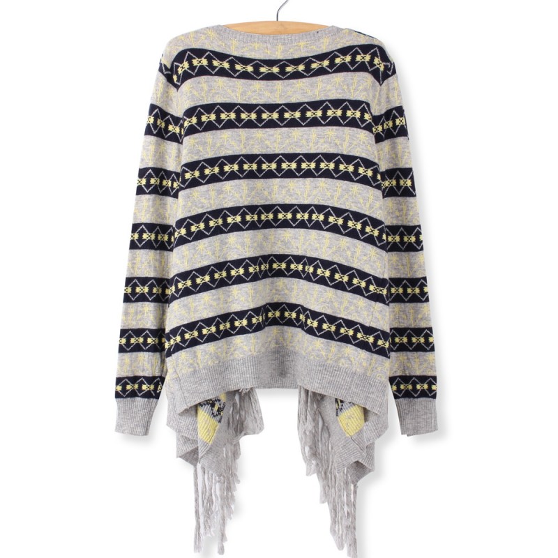 Women Casual Geometric Pattern Tassel Knitted Sweater Cardigan