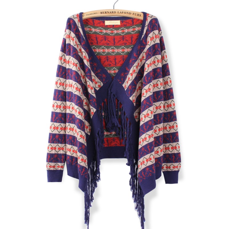 Women Casual Geometric Pattern Tassel Knitted Sweater Cardigan