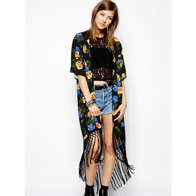 Fashion Vintage Boho Loose Floral Chiffon Long Kimono Cardigan